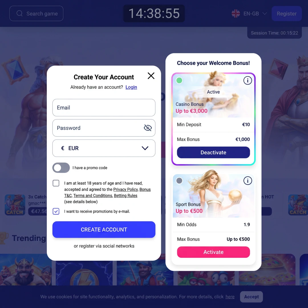 Casino Fortunica registration form with GBP currency option and terms checkbox