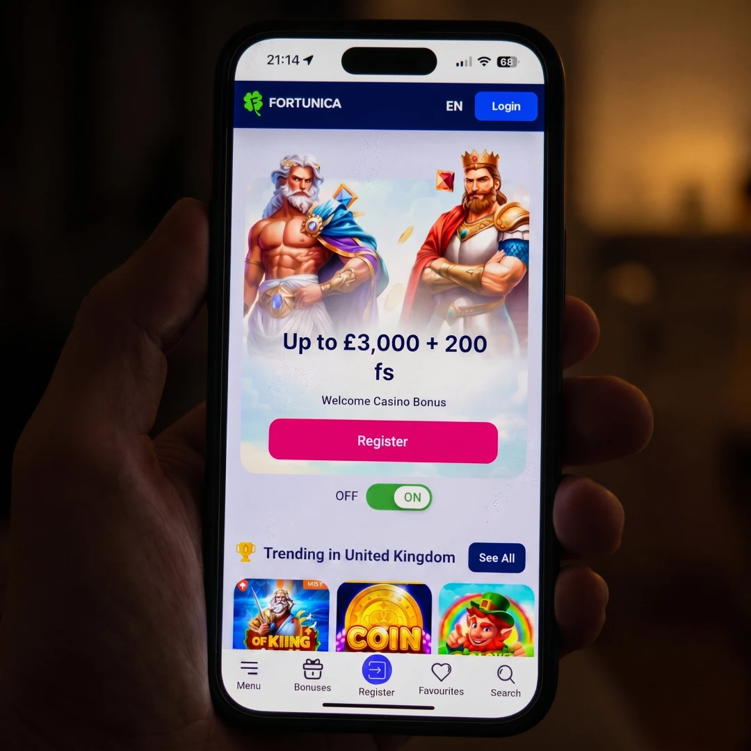 Fortunica Casino mobile app promotions tab on iPhone with welcome bonus activation