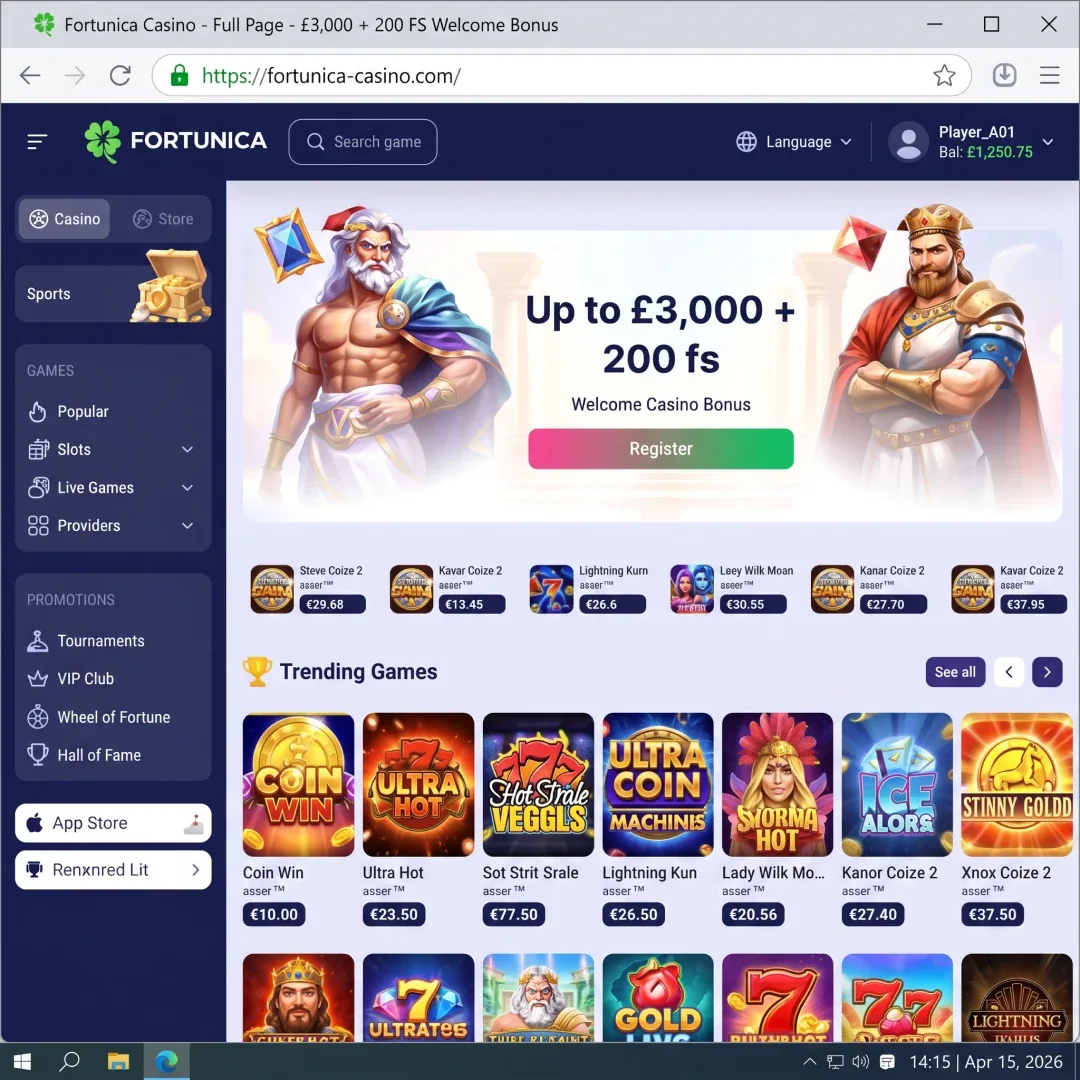 Fortunica Casino UK homepage showing £3,000 welcome package banner, tested April 2026