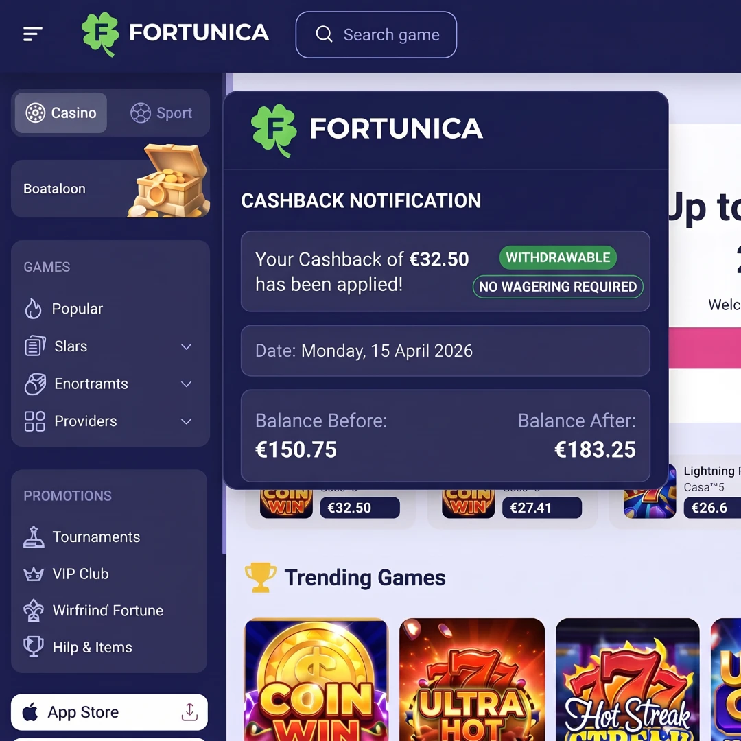 Fortunica weekly cashback payout of £12.40 credited as real money with no wagering